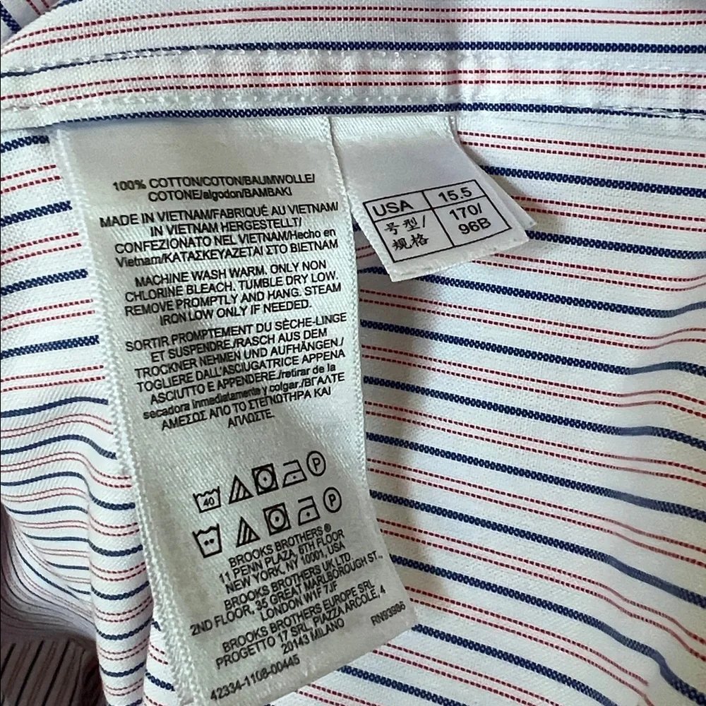 Brooks Brothers White Navy Blue Red Striped Dress Shirt Men 15 1/2 34/35